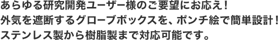 あらゆる研究開発ユーザー様のご要望にお応え！外気を遮断するグローブボックスを、ポンチ絵で簡単設計！ステンレス製から樹脂製まで対応可能です。