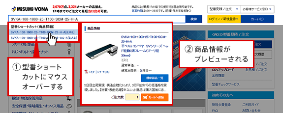①型番ショートカットにマウスオーバーする②商品情報がプレビューされる