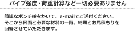 パイプ強度・荷重計算など一切必要ありません カンタンなポンチ絵をかいて、FaxかE-mailでご送付ください。そこから図面と必要な材料の一覧、納期とお見積もりを回答させていただきます。