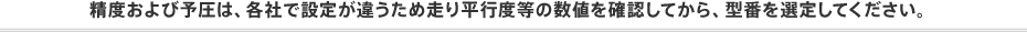 精度および予圧は、各社で設定が違うため走り平行度等の数値を確認してから、型番を選定してください。